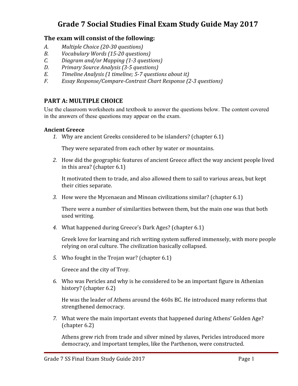 Grade 7 Social Studies Final Exam Study Guide May/June 2010