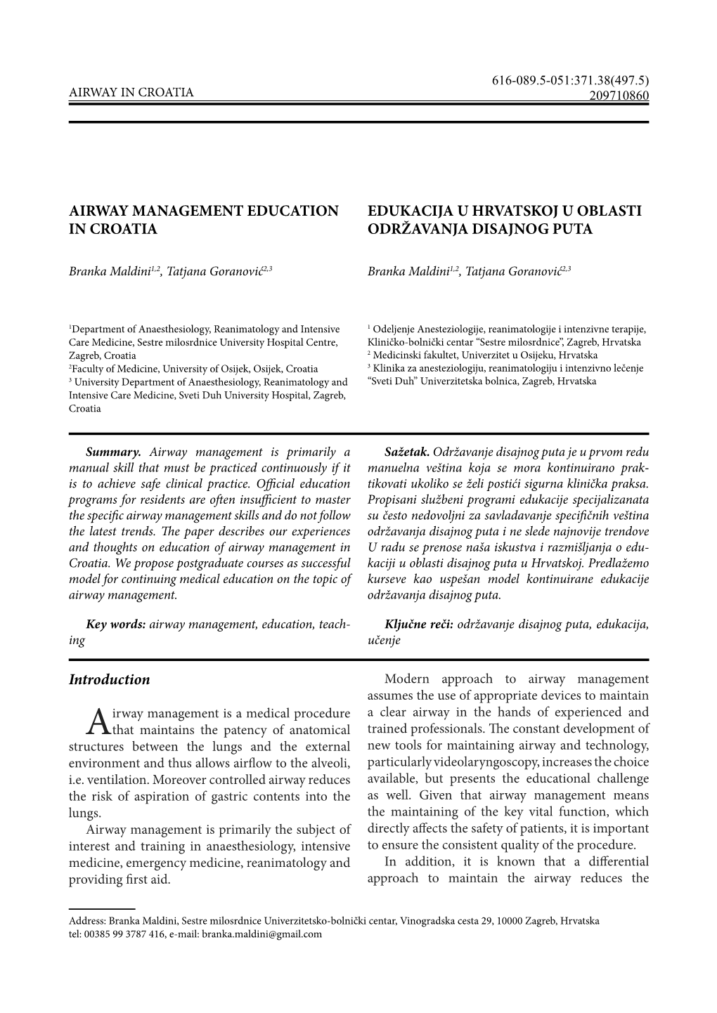 Airway Management Education in Croatia