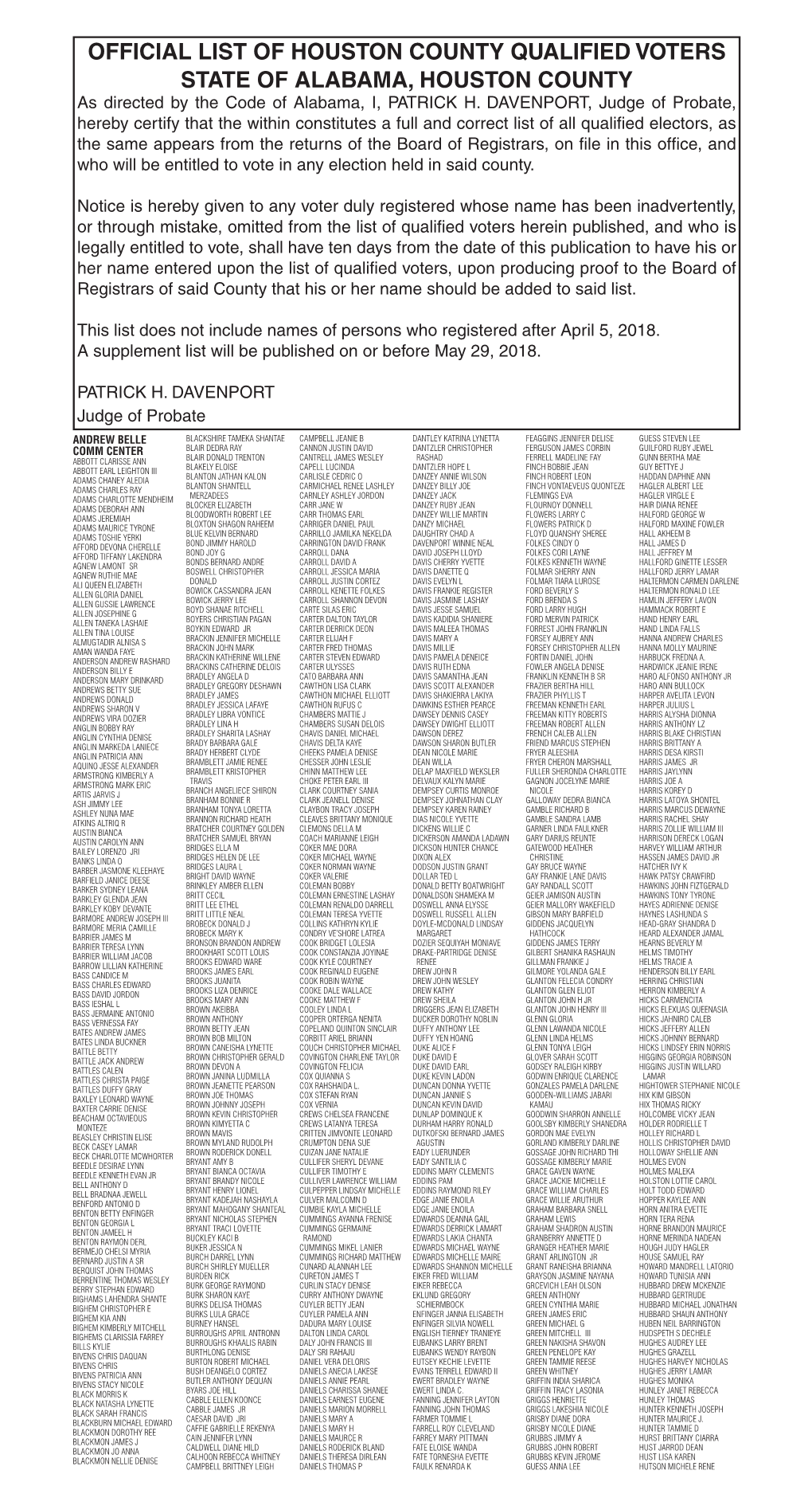 OFFICIAL LIST of HOUSTON COUNTY QUALIFIED VOTERS STATE of ALABAMA, HOUSTON COUNTY As Directed by the Code of Alabama, I, PATRICK H