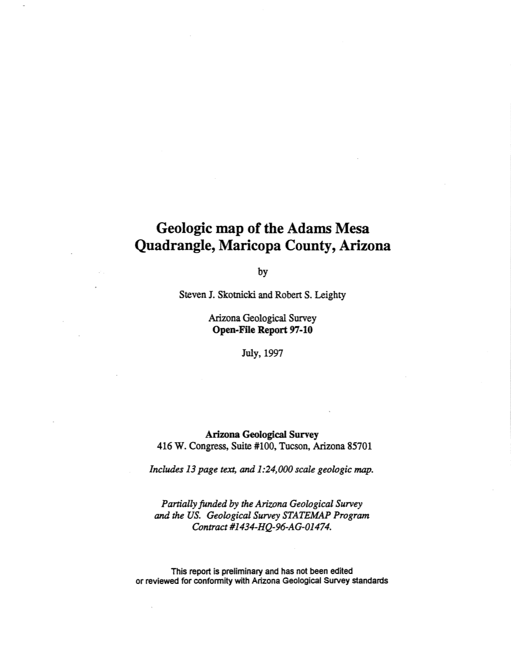 Geologic Map of the Adams Mesa Quadrangle, Maricopa County, Arizona