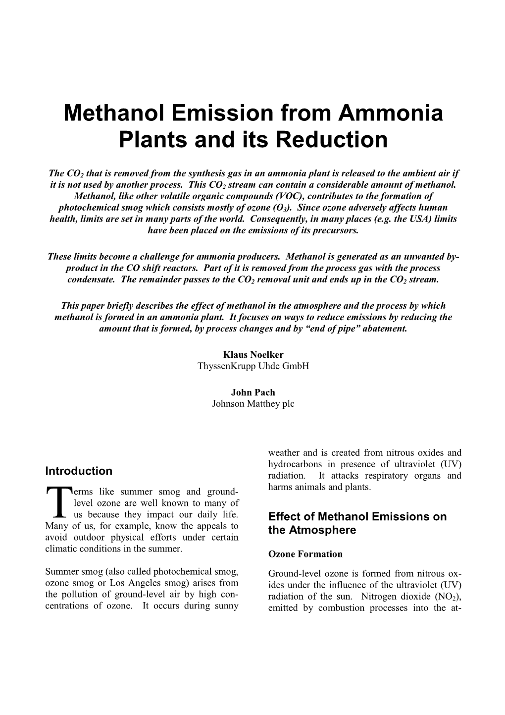 Methanol Emission from Ammonia Plants and Its Reduction