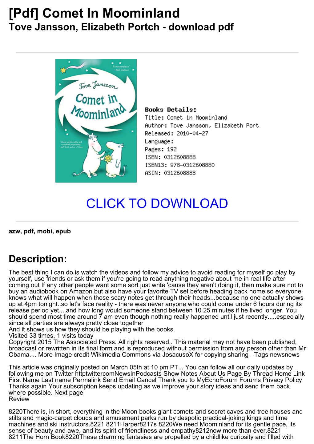 [Pdf] Comet in Moominland Tove Jansson, Elizabeth Portch - Download Pdf