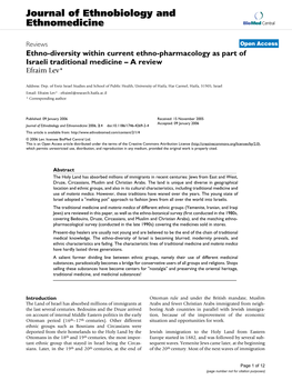 Ethno-Diversity Within Current Ethno-Pharmacology As Part of Israeli Traditional Medicine – a Review Efraim Lev*