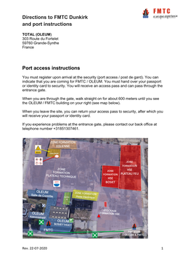 Directions to FMTC Dunkirk and Port Instructions