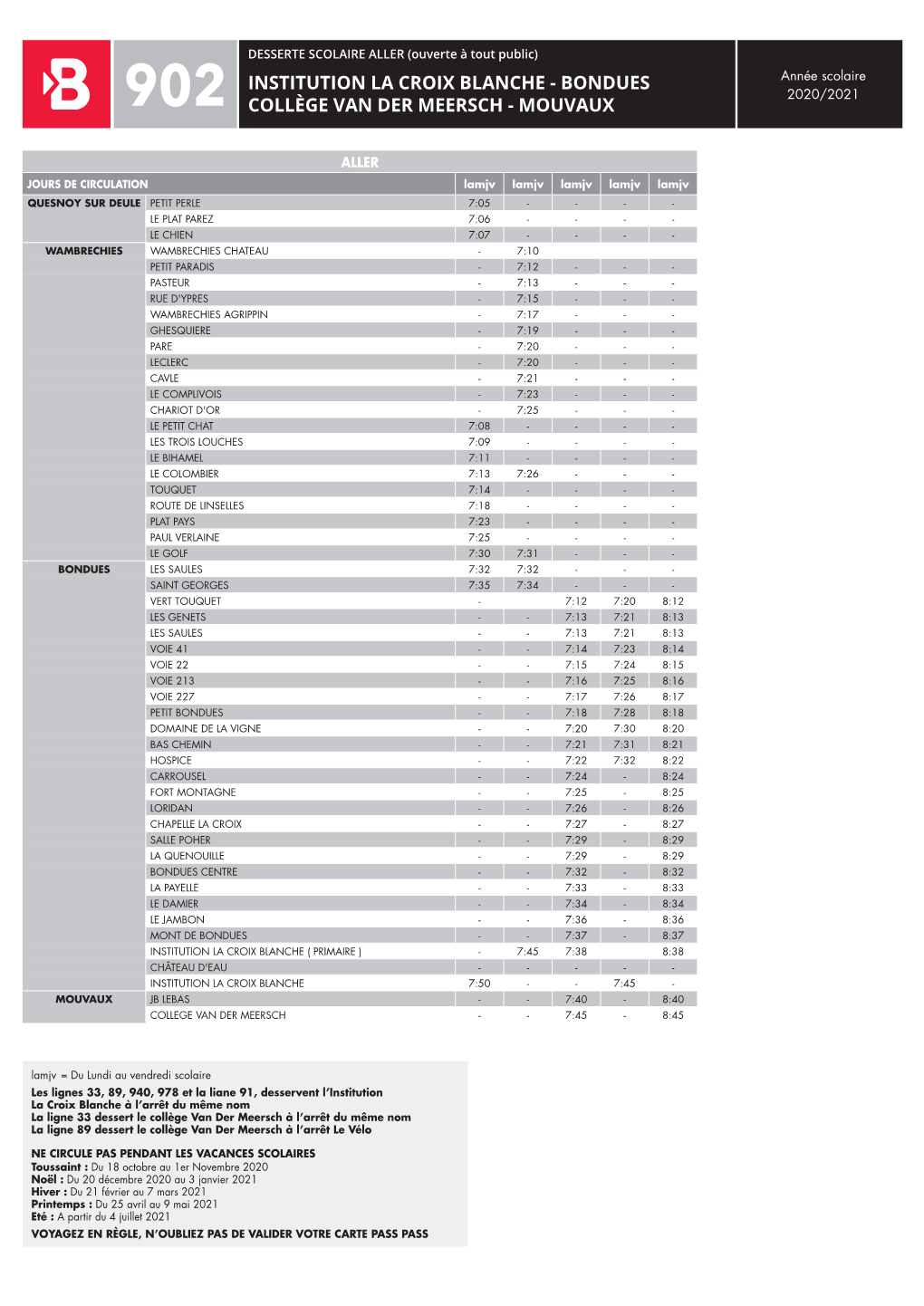 INSTITUTION LA CROIX BLANCHE - BONDUES Année Scolaire 2020/2021 902 COLLÈGE VAN DER MEERSCH - MOUVAUX
