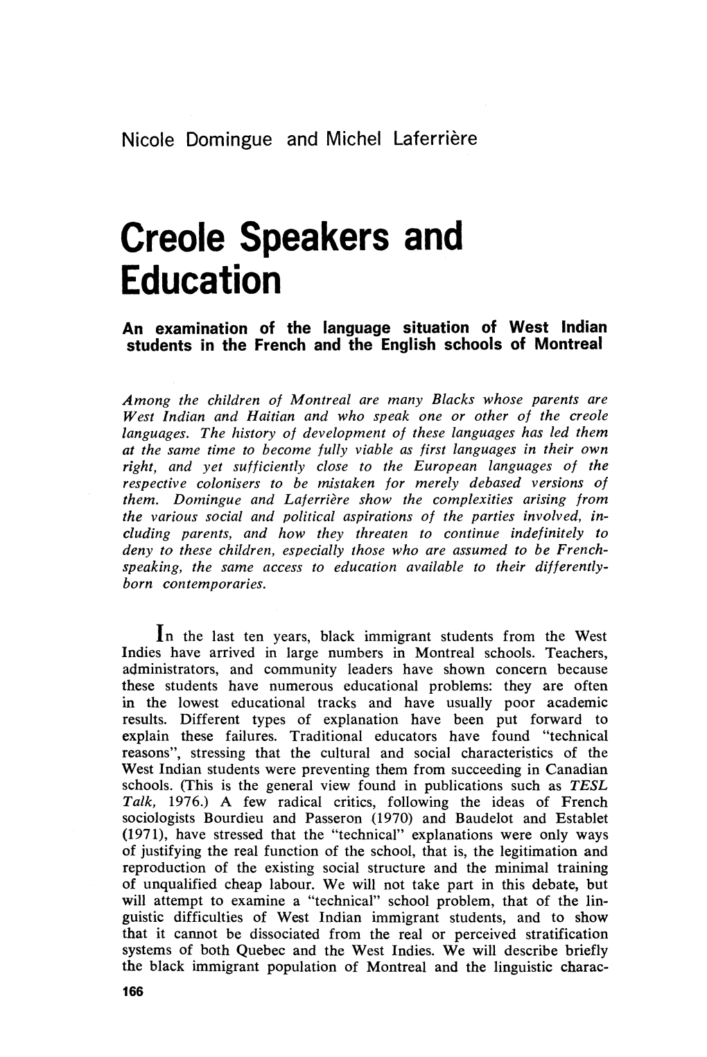 Creole Speakers and Education