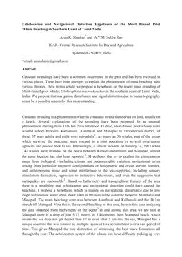 Echolocation and Navigational Distortion Hypothesis of the Short Finned Pilot Whale Beaching in Southern Coast of Tamil Nadu