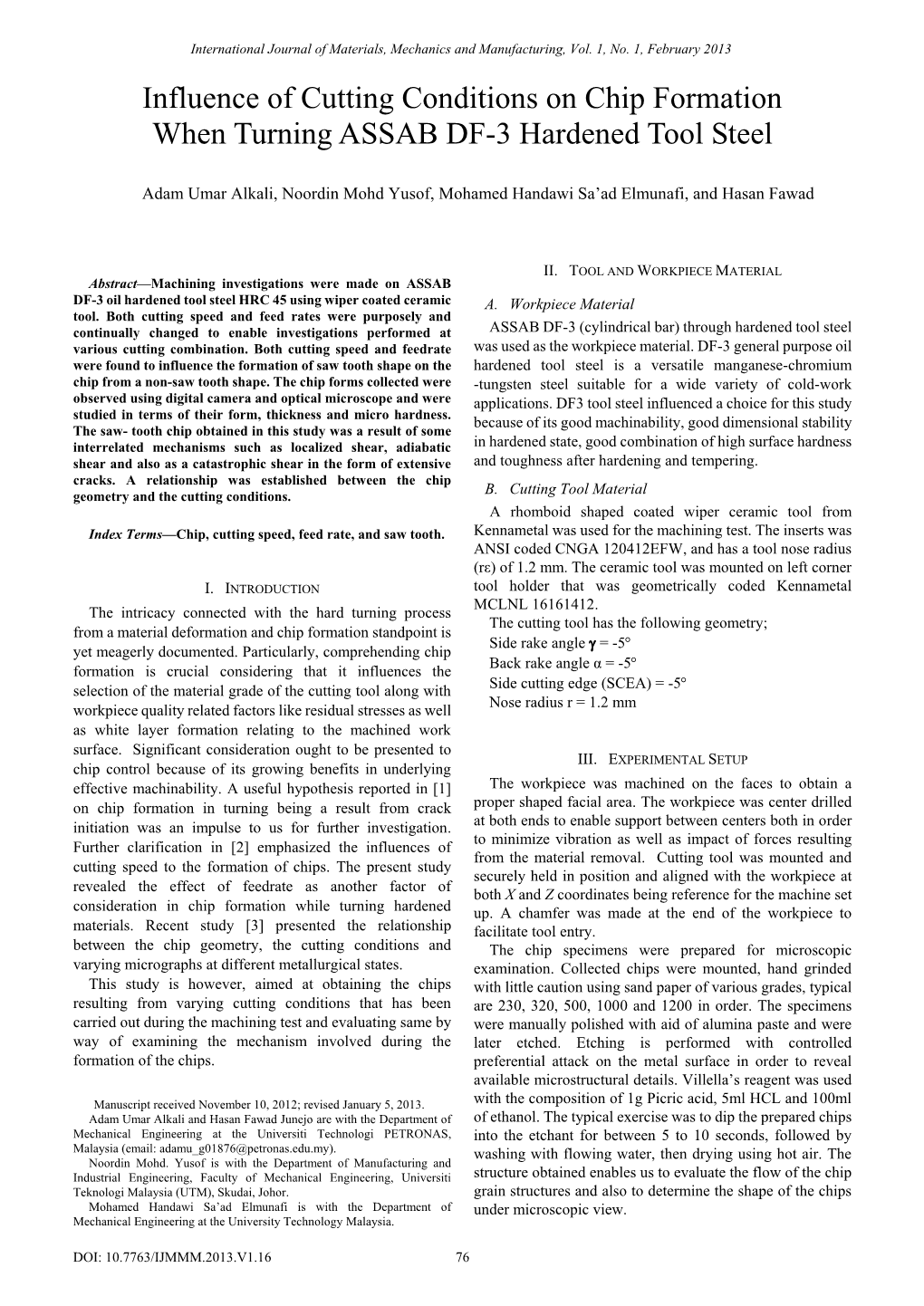 Influence of Cutting Conditions on Chip Formation When Turning ASSAB DF-3 Hardened Tool Steel