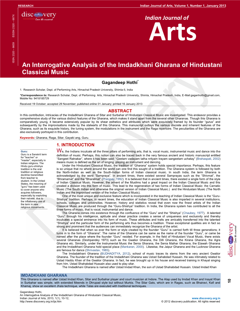 An Interrogative Analysis of the Imdadkhani Gharana of Hindustani Classical Music