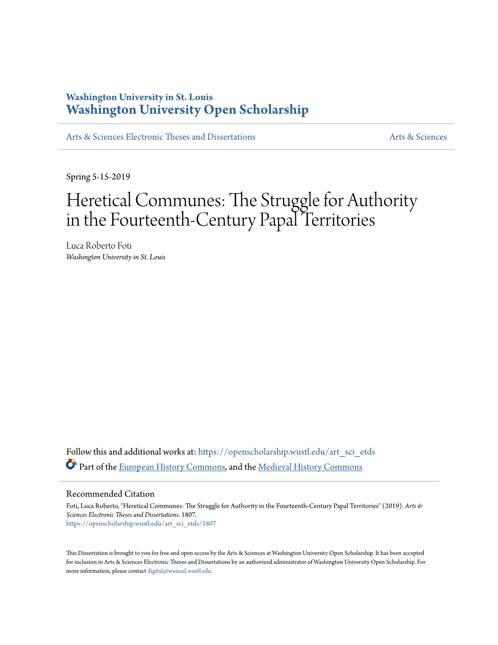 The Struggle for Authority in the Fourteenth-Century Papal Territories by Luca Roberto Foti