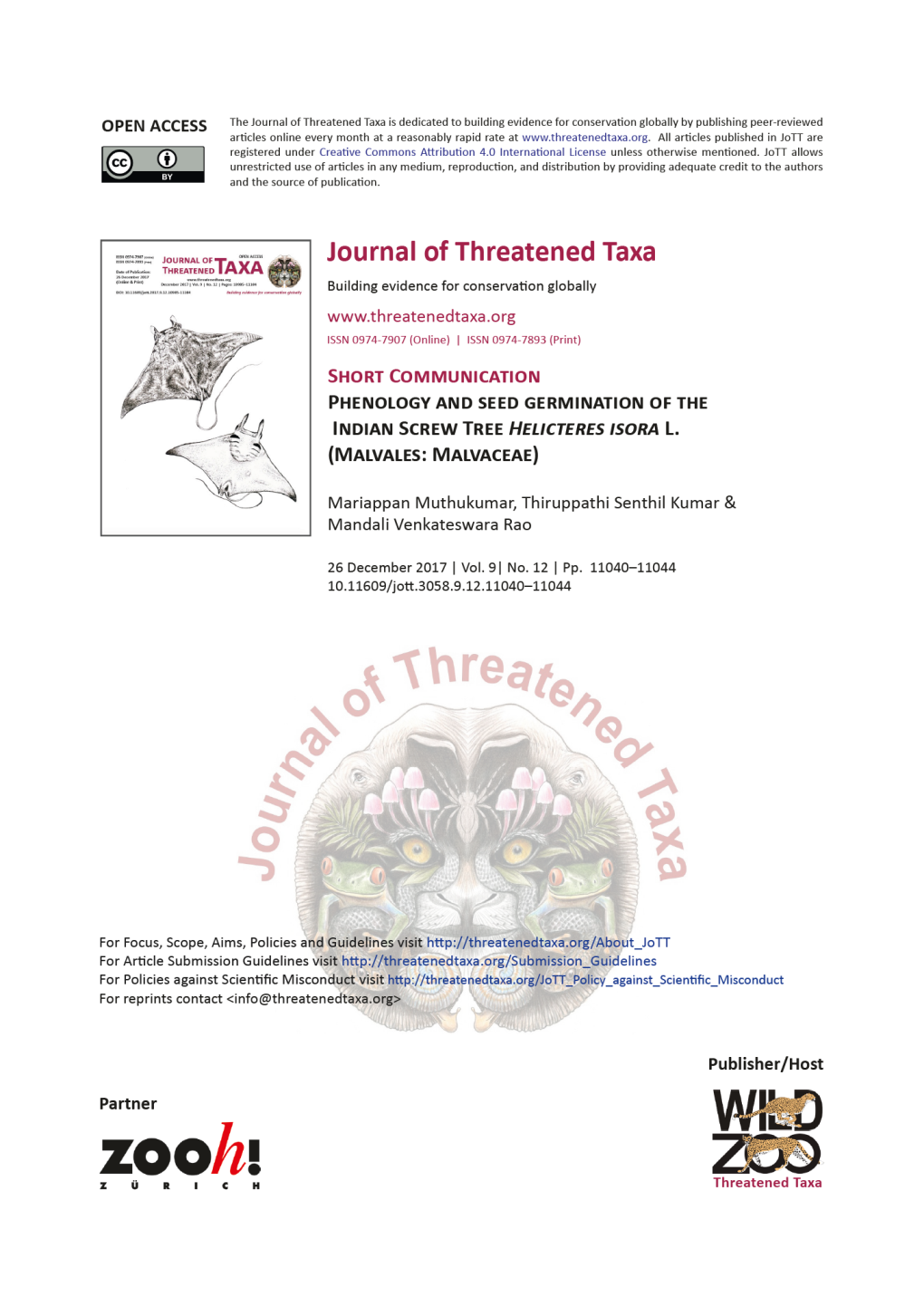 Phenology and Seed Germination of the Indian Screw Tree Helicteres Isora L