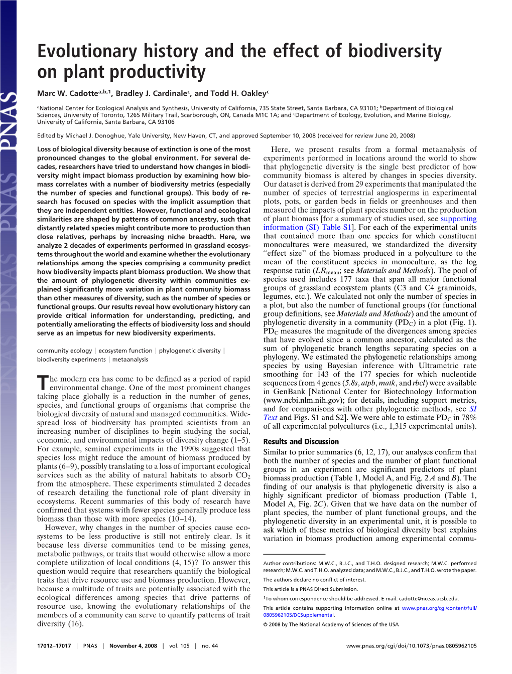 Evolutionary History and the Effect of Biodiversity on Plant Productivity