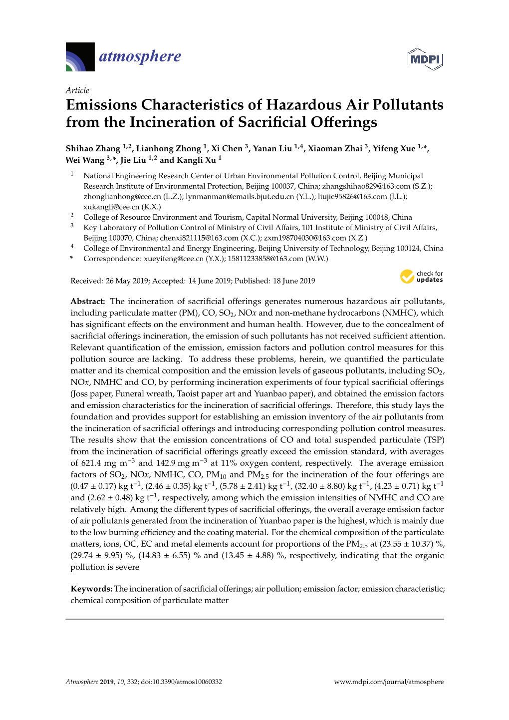 Emissions Characteristics of Hazardous Air Pollutants from the Incineration of Sacriﬁcial Oﬀerings