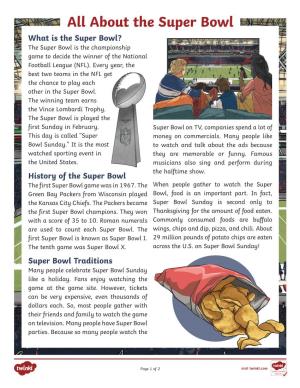 All About the Super Bowl What Is the Super Bowl? the Super Bowl Is the Championship Game to Decide the Winner of the National Football League (NFL)