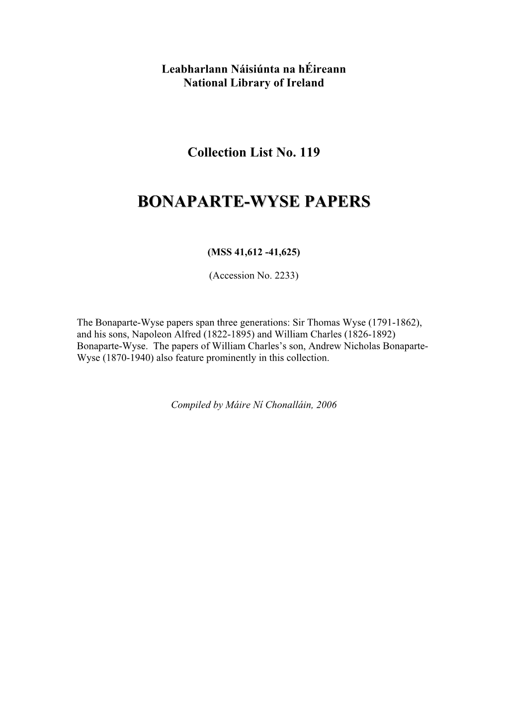 Bonaparte-Wyse Papers