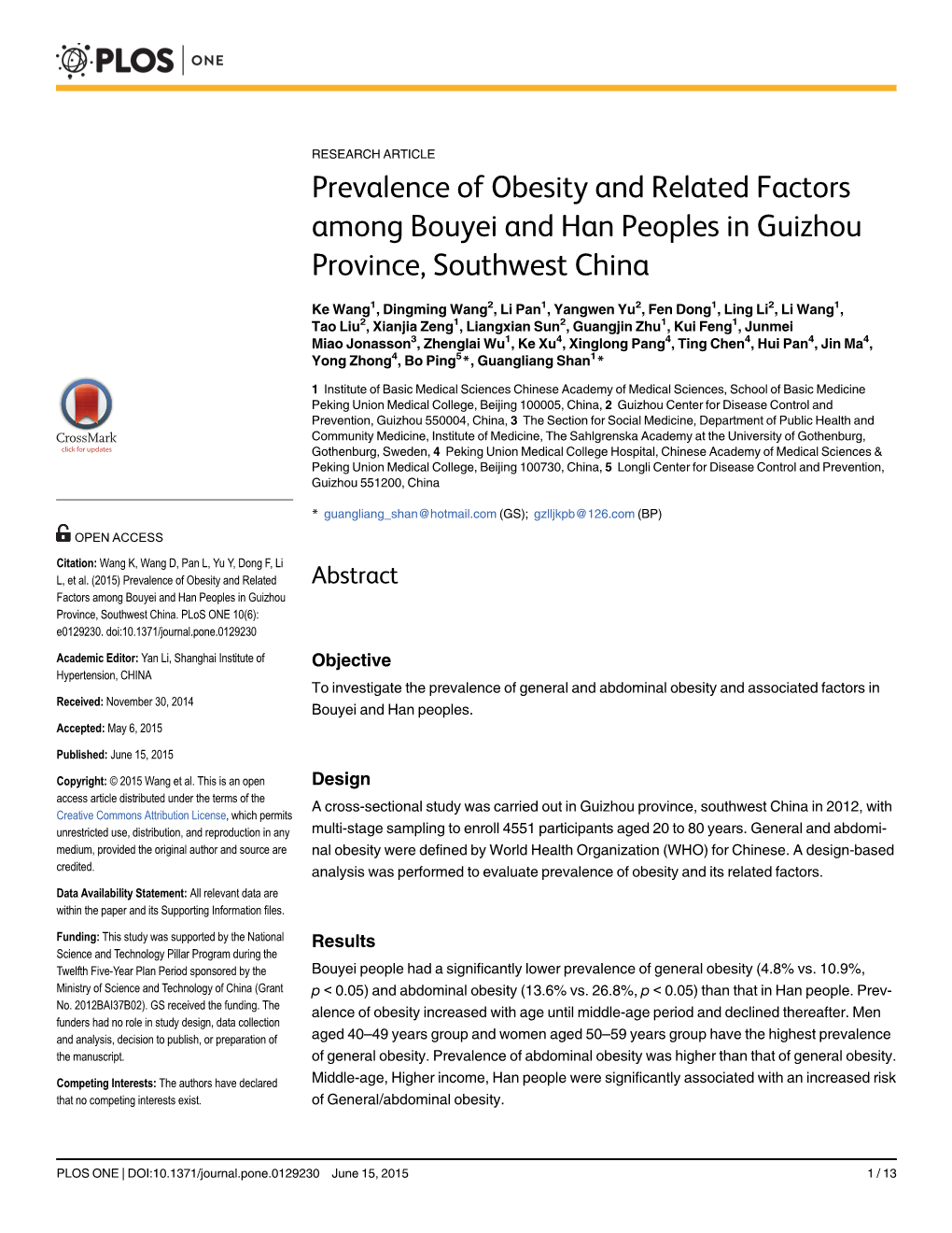 Prevalence of Obesity and Related Factors Among Bouyei and Han Peoples in Guizhou Province, Southwest China