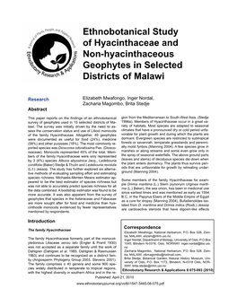 Ethnobotanical Study of Hyacinthaceae and Non-Hyacinthaceous Geophytes in Selected Districts of Malawi