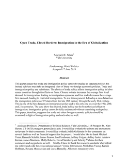 Open Trade, Closed Borders: Immigration in the Era of Globalization