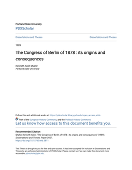 The Congress of Berlin of 1878 : Its Origins and Consequences