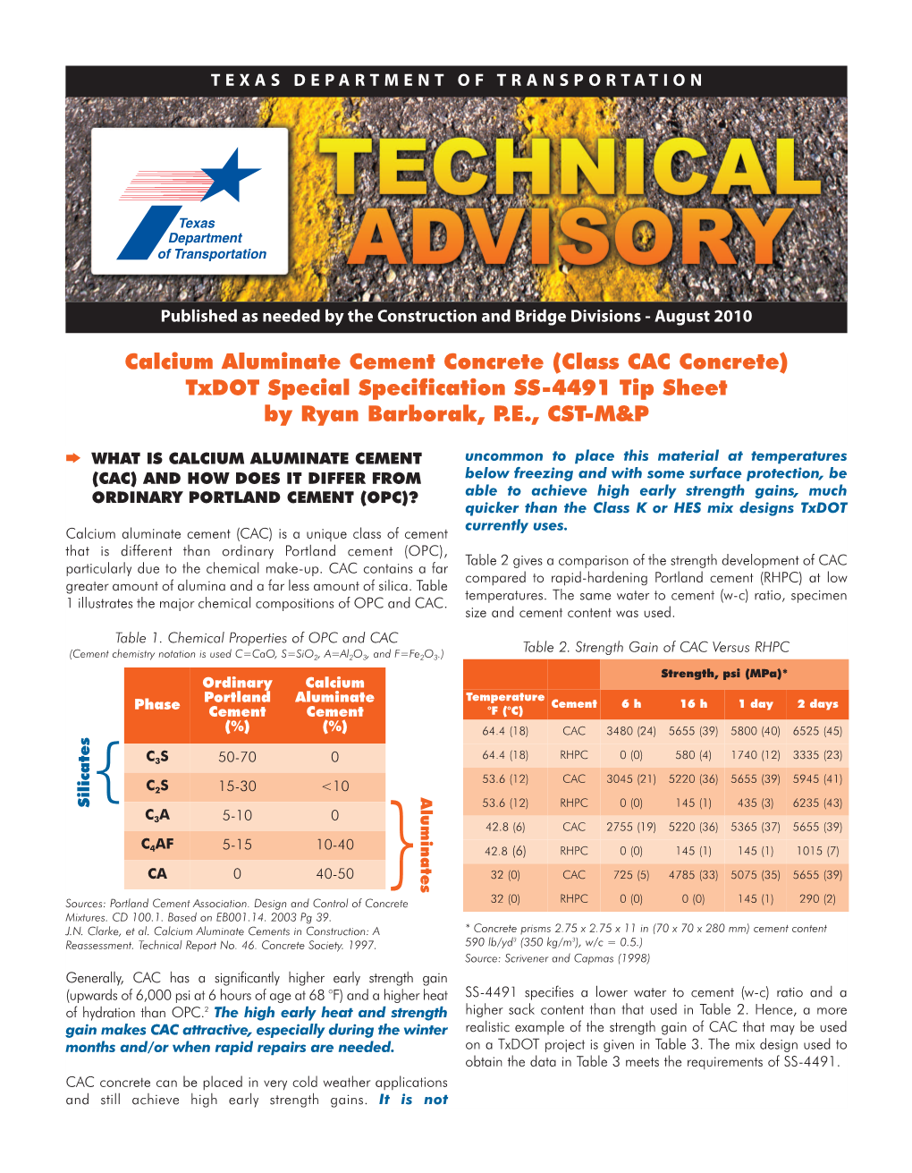 Calcium Aluminate Cement Concrete (Class CAC Concrete) Txdot Special Specification SS-4491 Tip Sheet by Ryan Barborak, P.E., CST-M&P