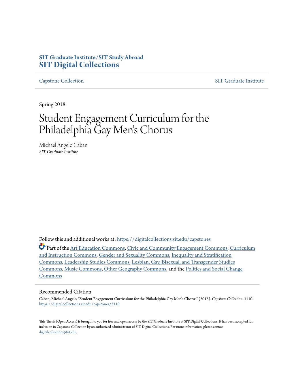 Student Engagement Curriculum for the Philadelphia Gay Men's Chorus Michael Angelo Caban SIT Graduate Institute