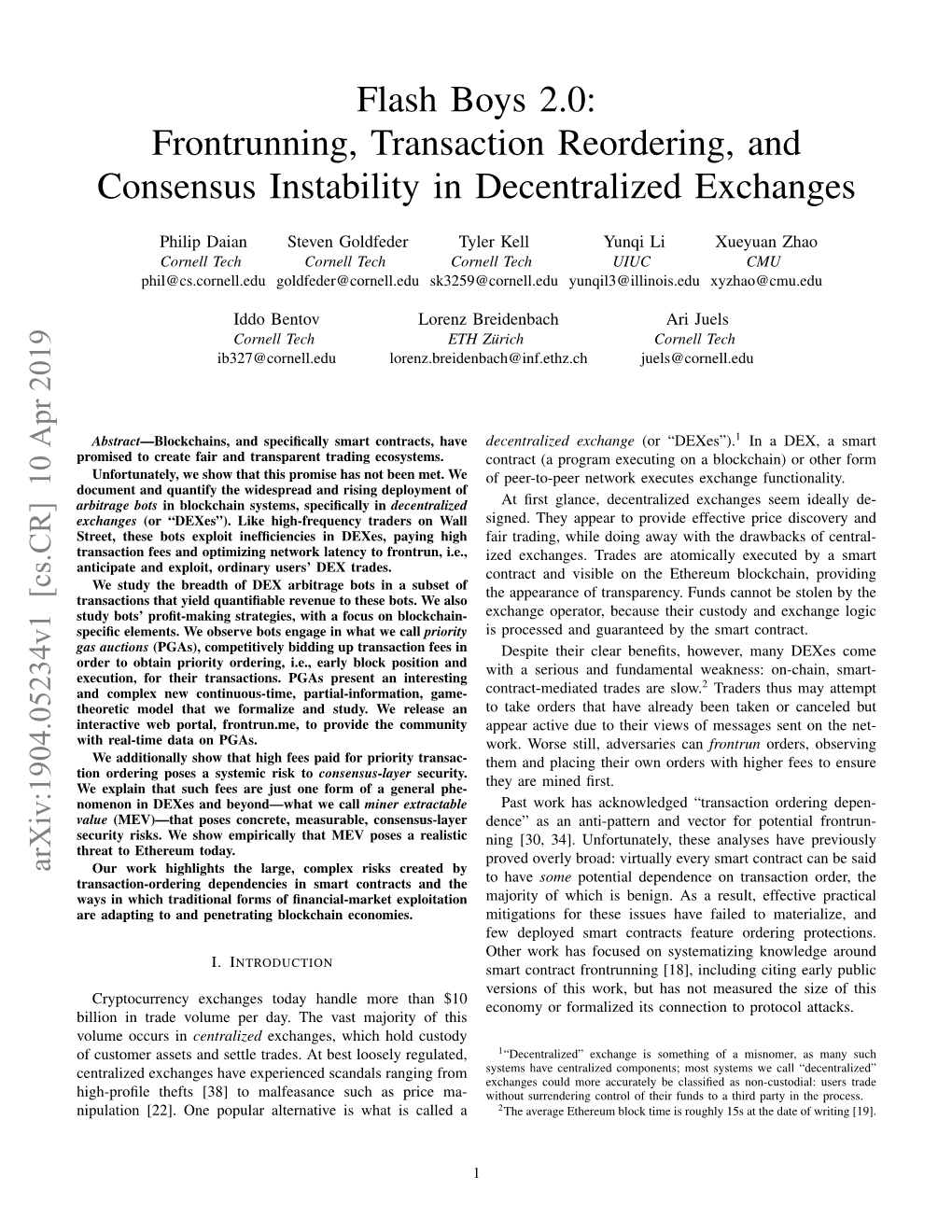 Flash Boys 2.0: Frontrunning, Transaction Reordering, and Consensus Instability in Decentralized Exchanges