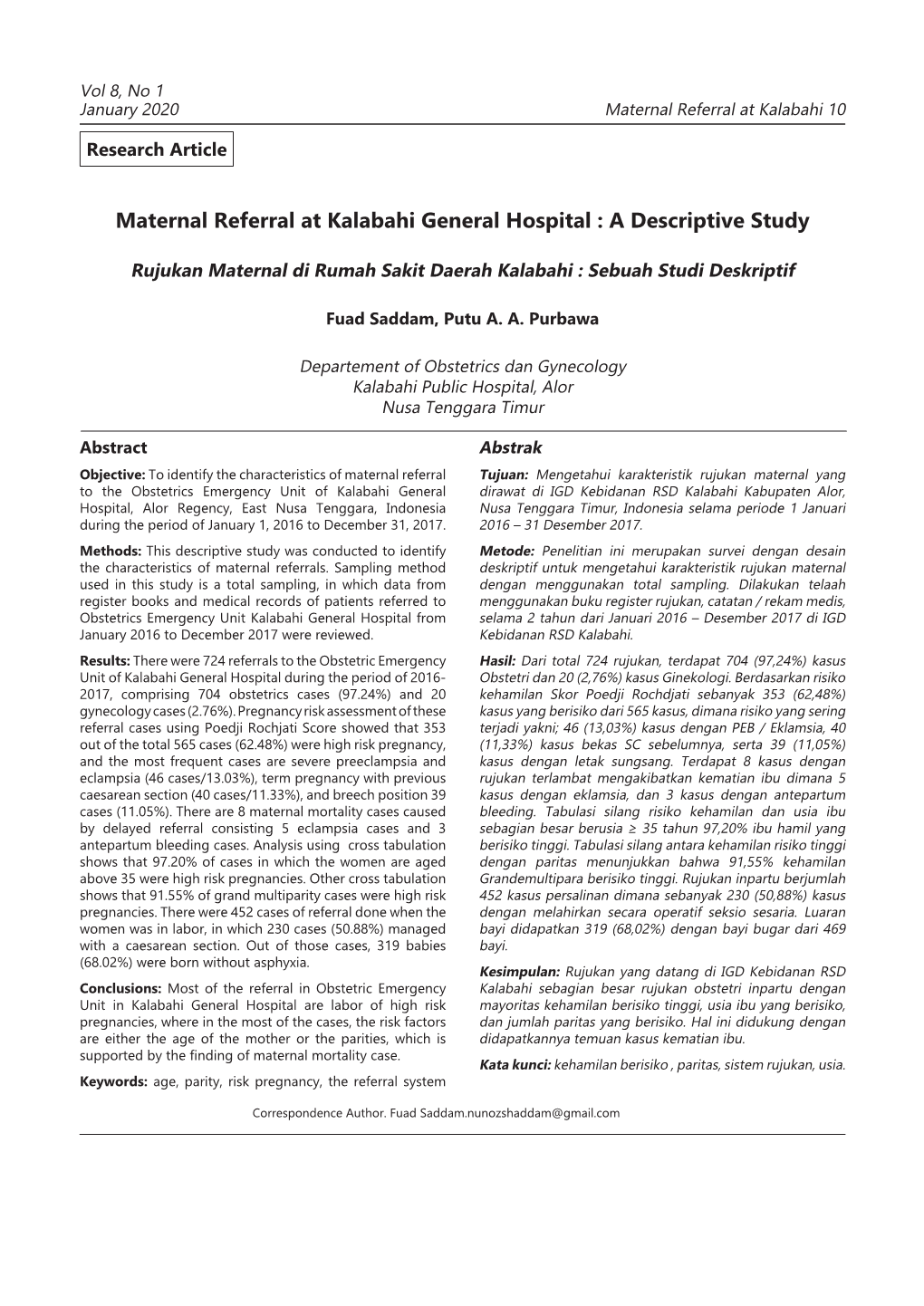 Maternal Referral at Kalabahi General Hospital : a Descriptive Study