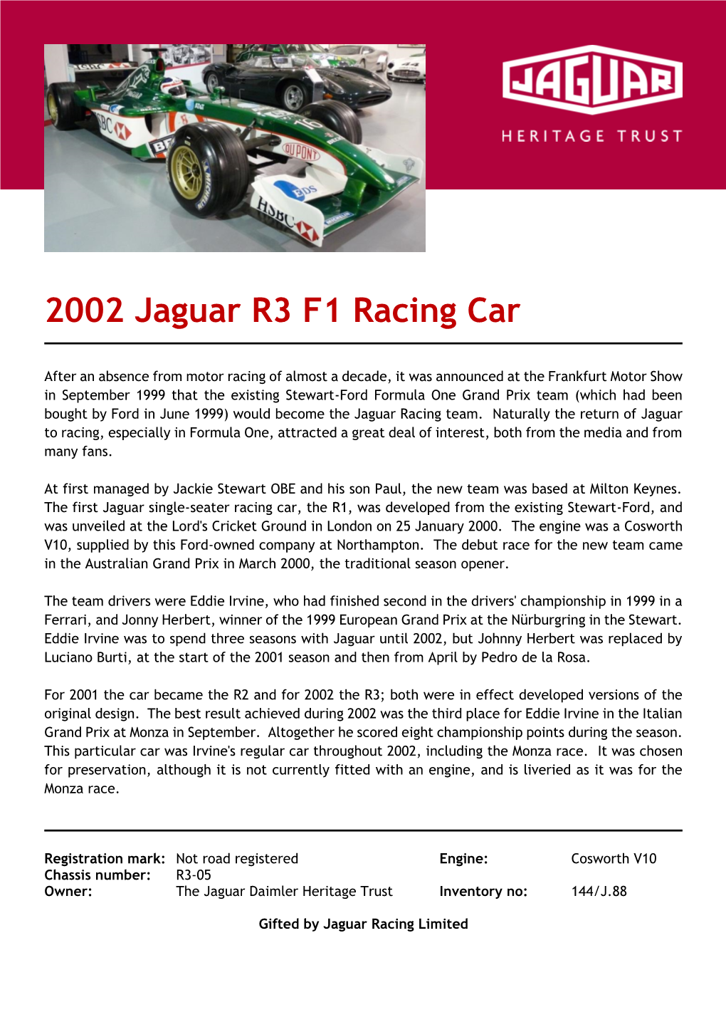 2002 Jaguar R3 F1 Racing Car