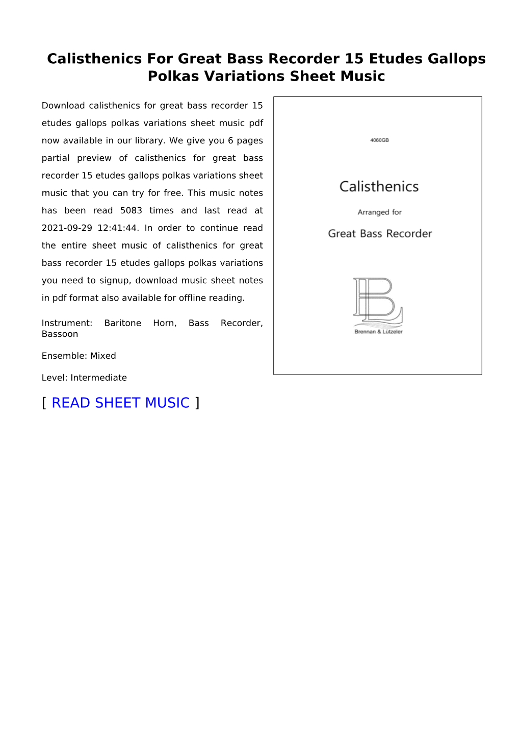 Calisthenics for Great Bass Recorder 15 Etudes Gallops Polkas Variations Sheet Music