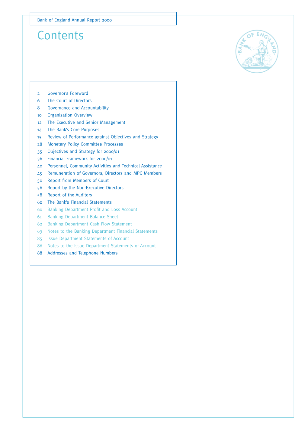 Bank of England Annual Report 2000 Contents