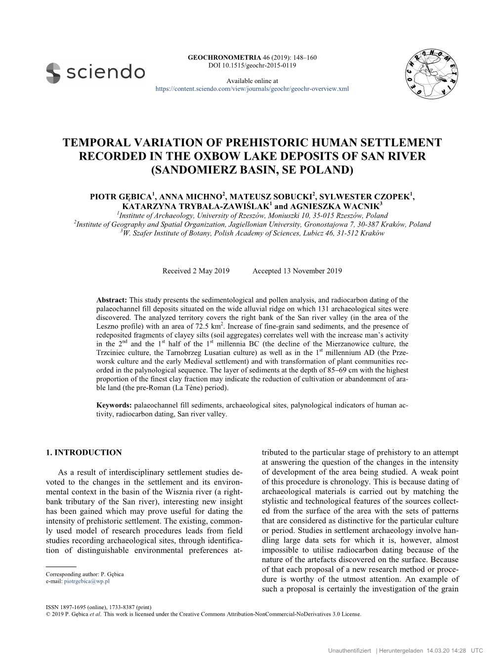 Temporal Variation of Prehistoric Human Settlement Recorded in the Oxbow Lake Deposits of San River (Sandomierz Basin, Se Poland)