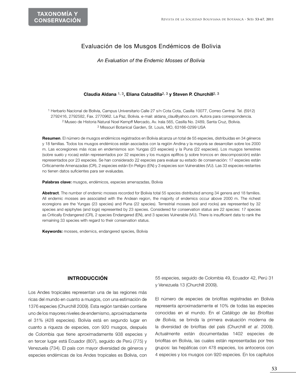 Evaluación De Los Musgos Endémicos De Bolivia