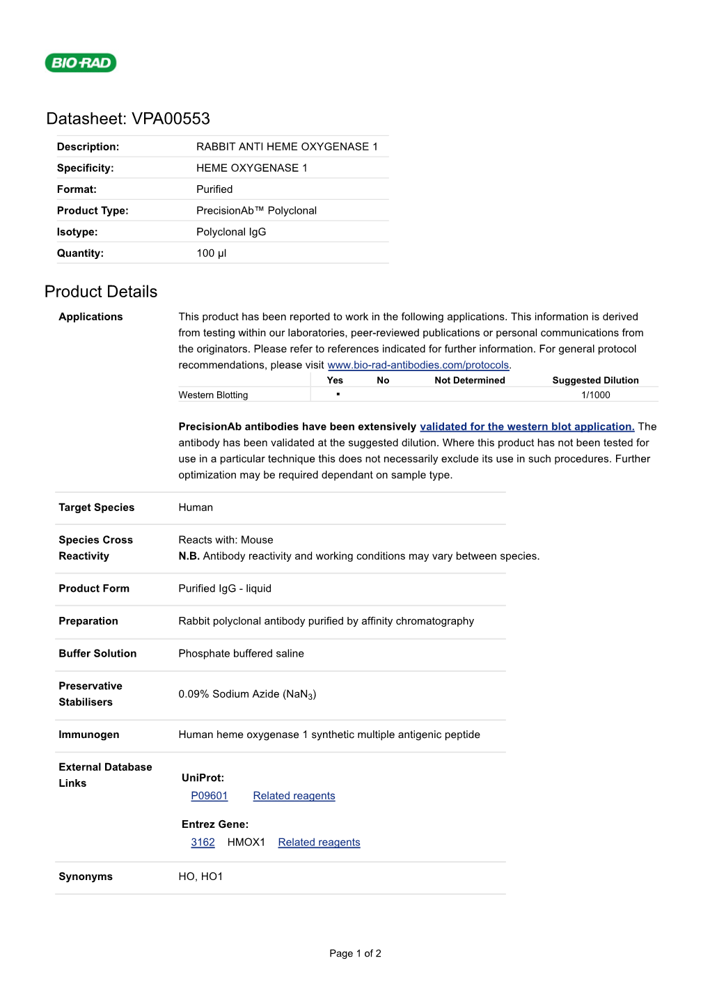 Datasheet: VPA00553 Product Details