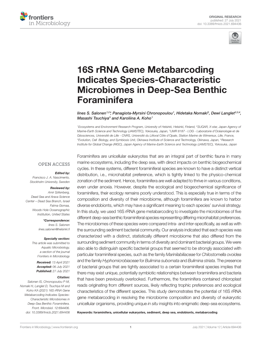 16S Rrna Gene Metabarcoding Indicates Species-Characteristic Microbiomes in Deep-Sea Benthic Foraminifera