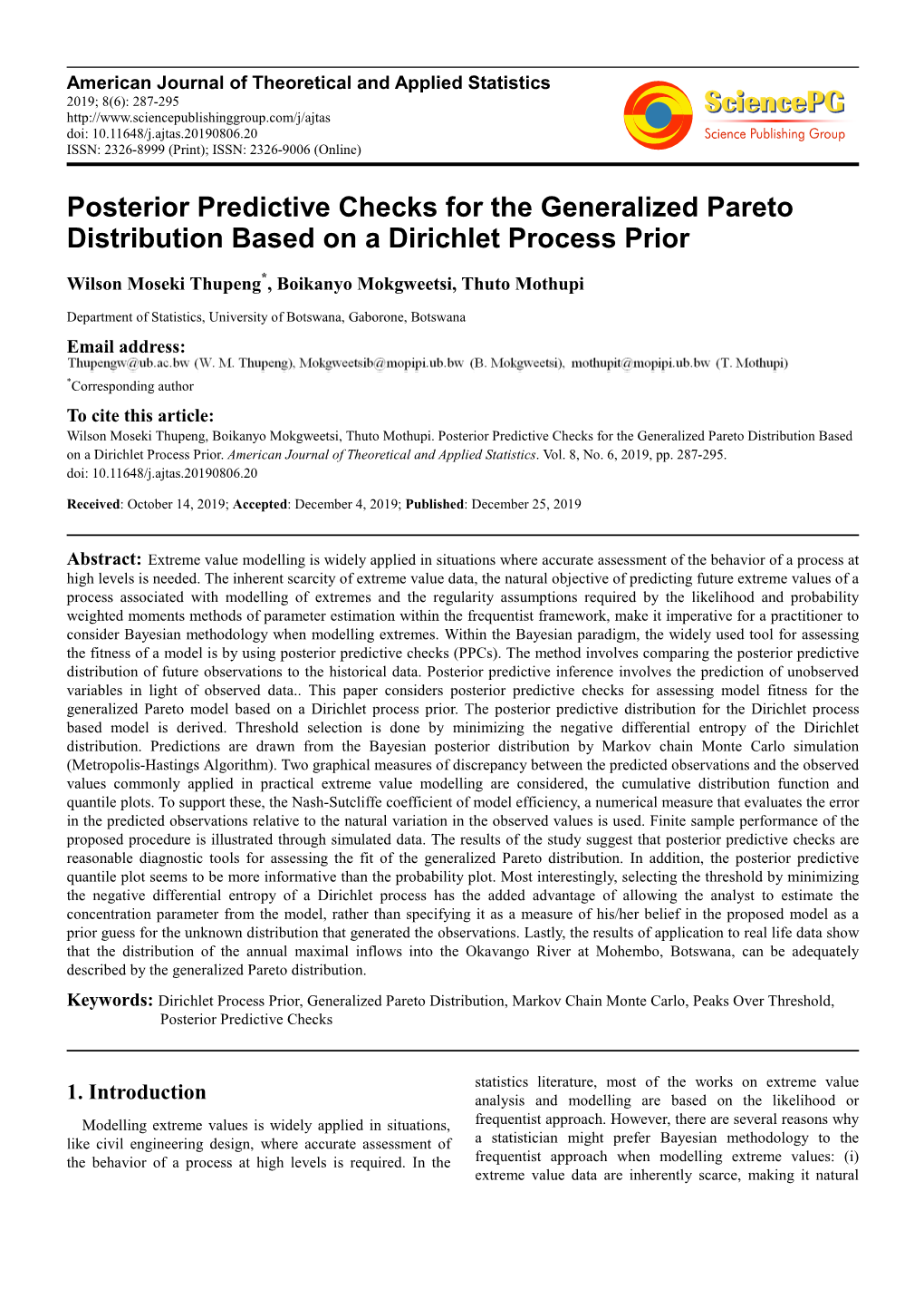 Posterior Predictive Checks for the Generalized Pareto Distribution Based on a Dirichlet Process Prior