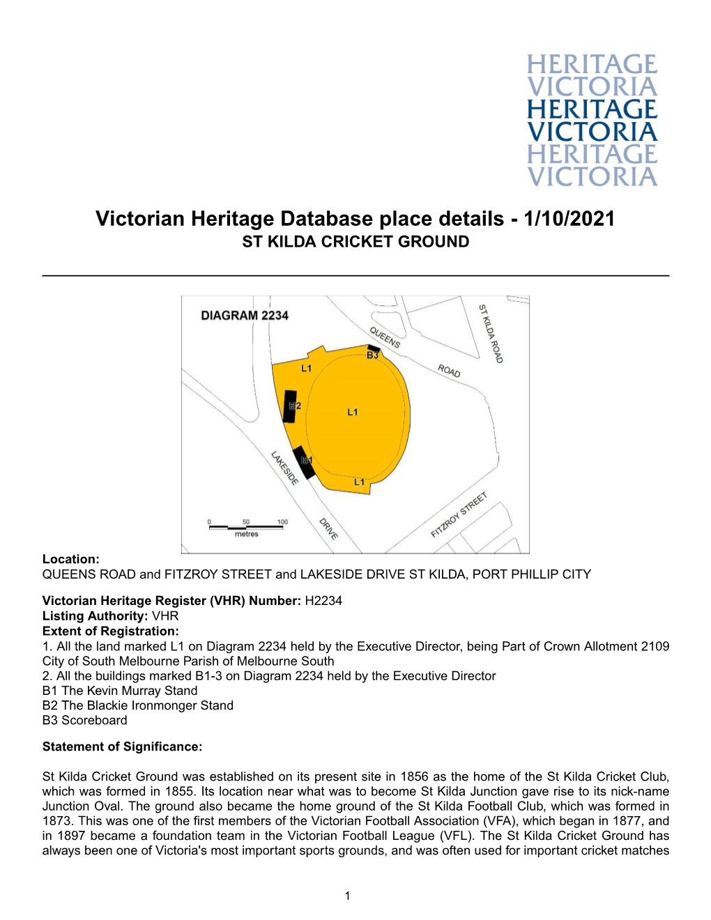 Victorian Heritage Database Place Details - 1/10/2021 ST KILDA CRICKET GROUND