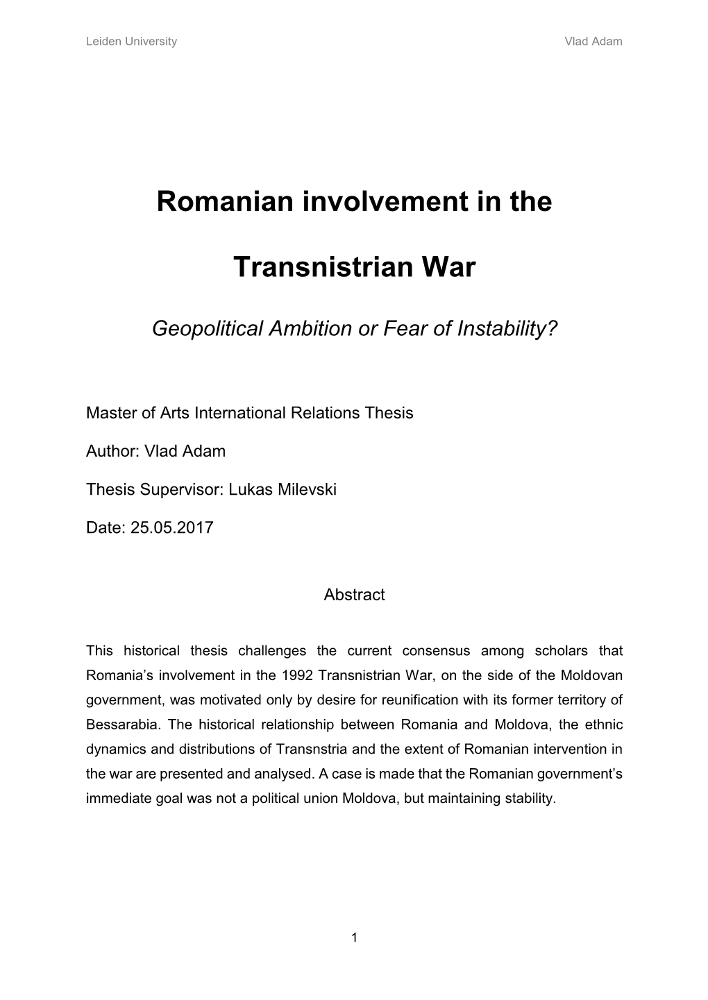 Romanian Involvement in the Transnistrian