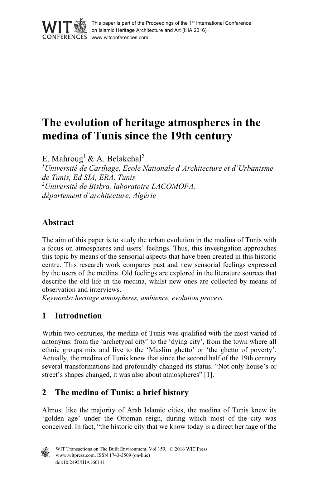 The Evolution of Heritage Atmospheres in the Medina of Tunis Since the 19Th Century