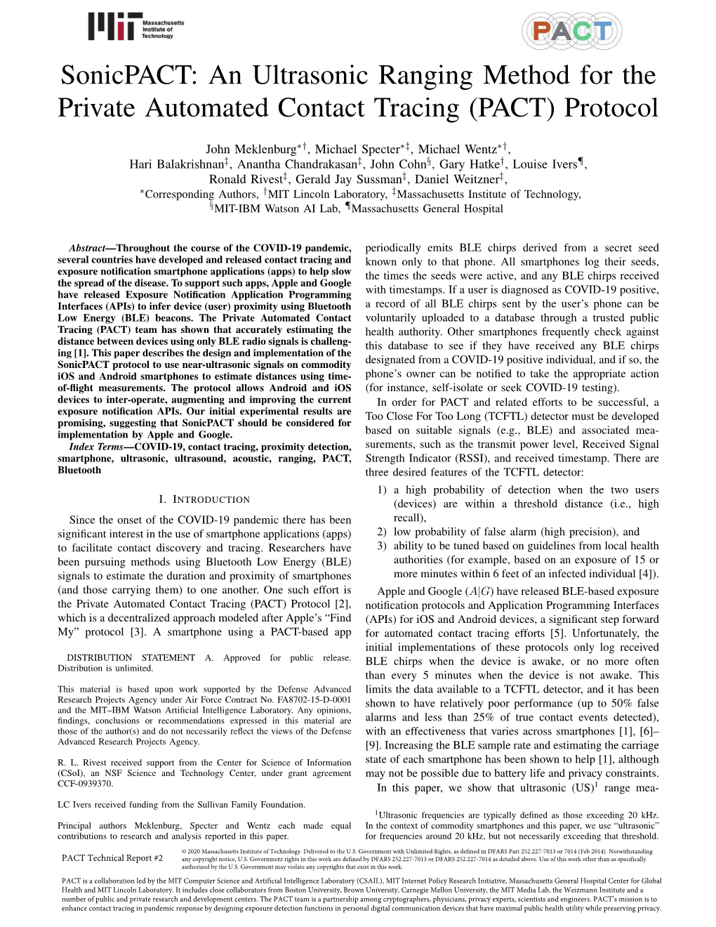 Sonicpact: an Ultrasonic Ranging Method for the Private Automated Contact Tracing (PACT) Protocol