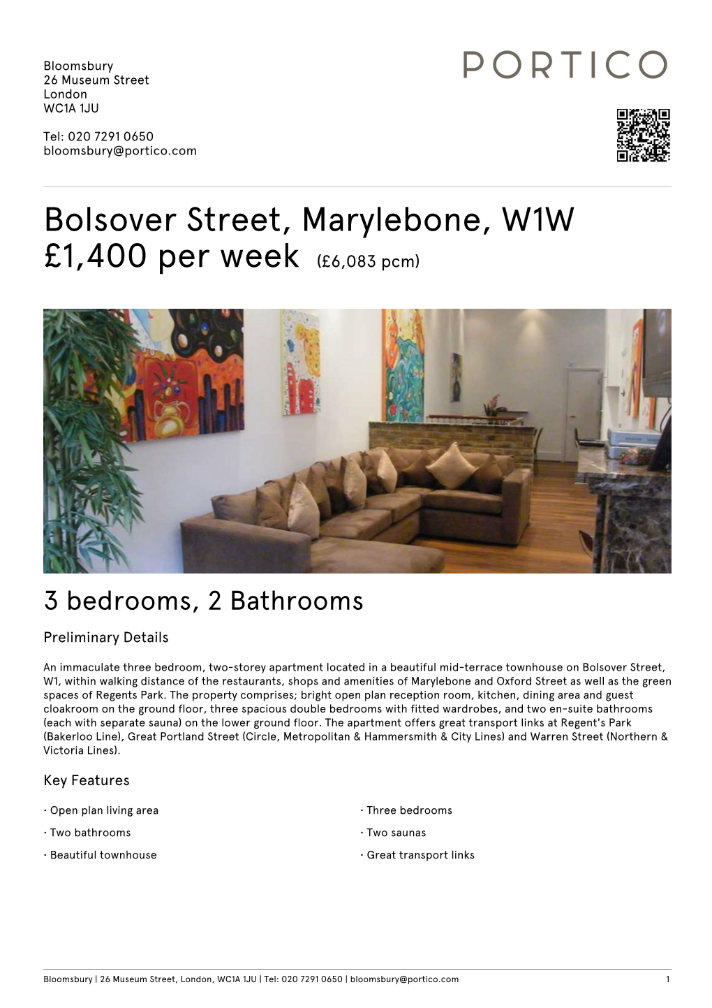 Bolsover Street, Marylebone, W1W £1400 Per Week
