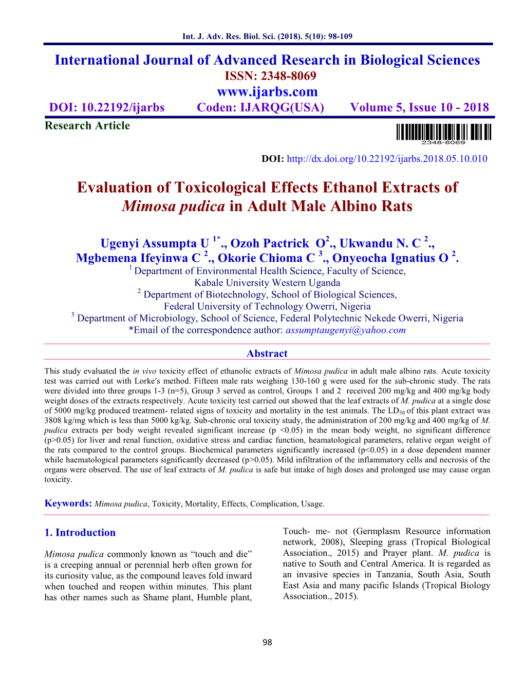 Evaluation of Toxicological Effects Ethanol Extracts of Mimosa Pudica in Adult Male Albino Rats