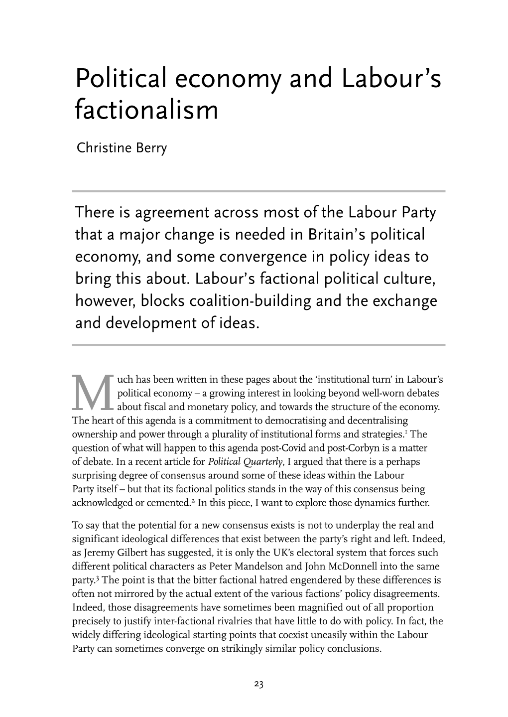 Political Economy and Labour's Factionalism