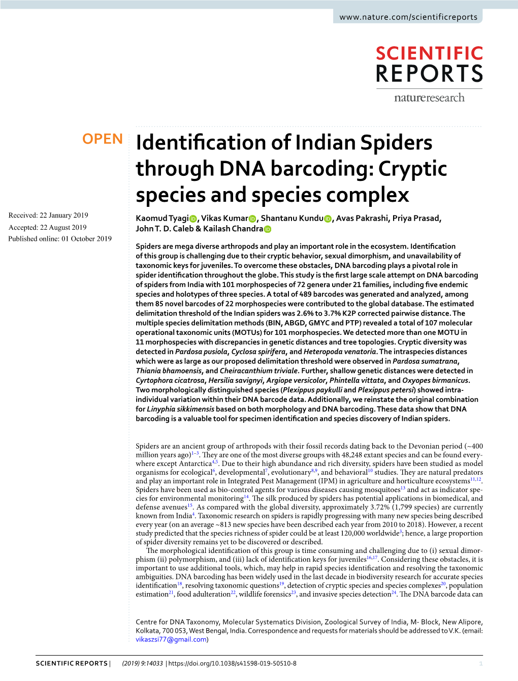 Identification of Indian Spiders Through DNA Barcoding