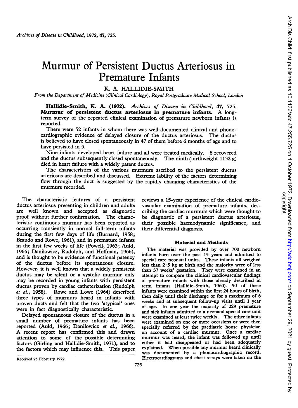 Murmur of Persistent Ductus Arteriosus in Premature Infants K