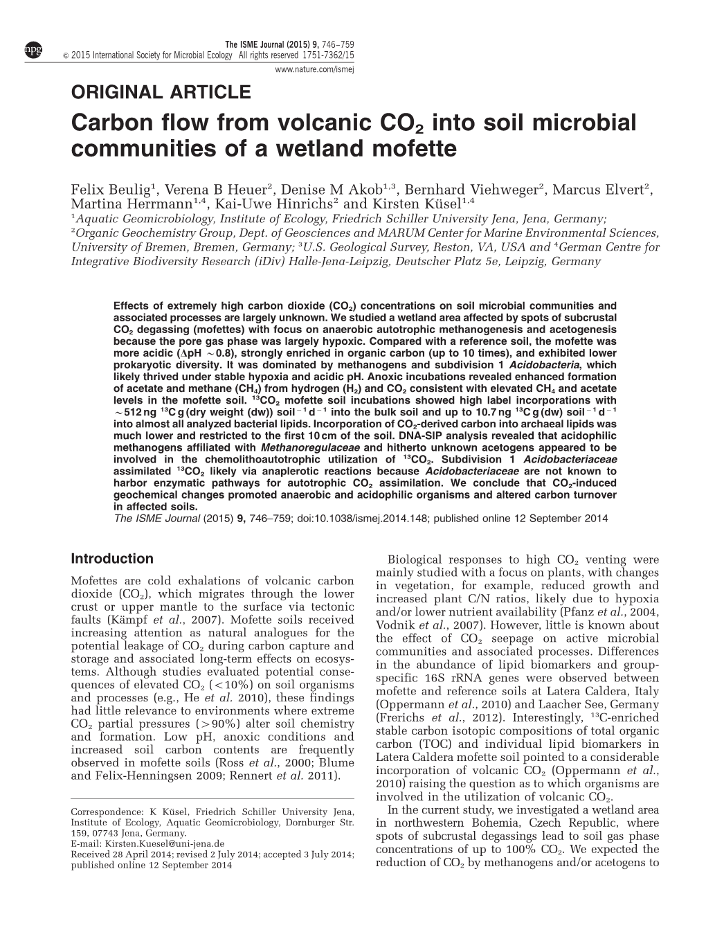Carbon Flow from Volcanic CO2 Into Soil Microbial Communities of a Wetland Mofette
