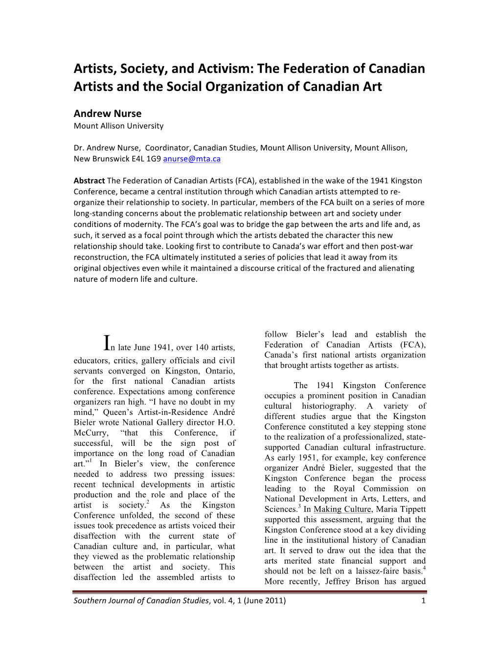 Artists, Society, and Activism: the Federation of Canadian Artists and the Social Organization of Canadian Art