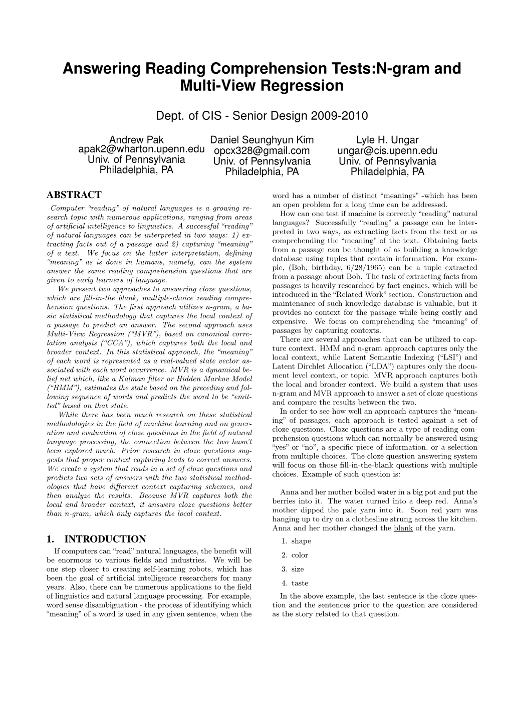 Answering Reading Comprehension Tests:N-Gram and Multi-View Regression