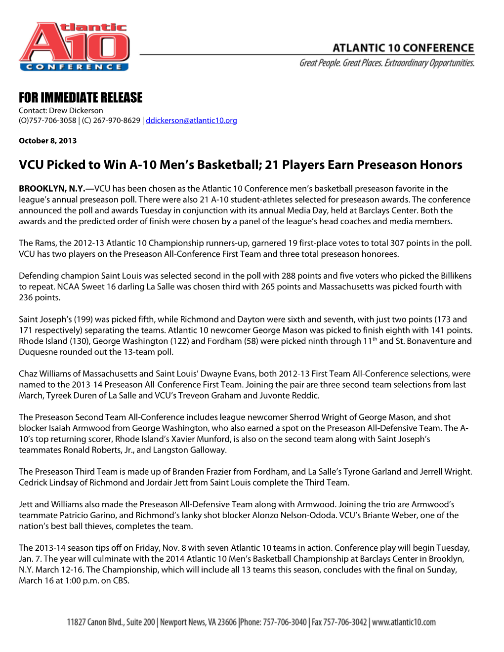 FOR IMMEDIATE RELEASE VCU Picked to Win A-10 Men's