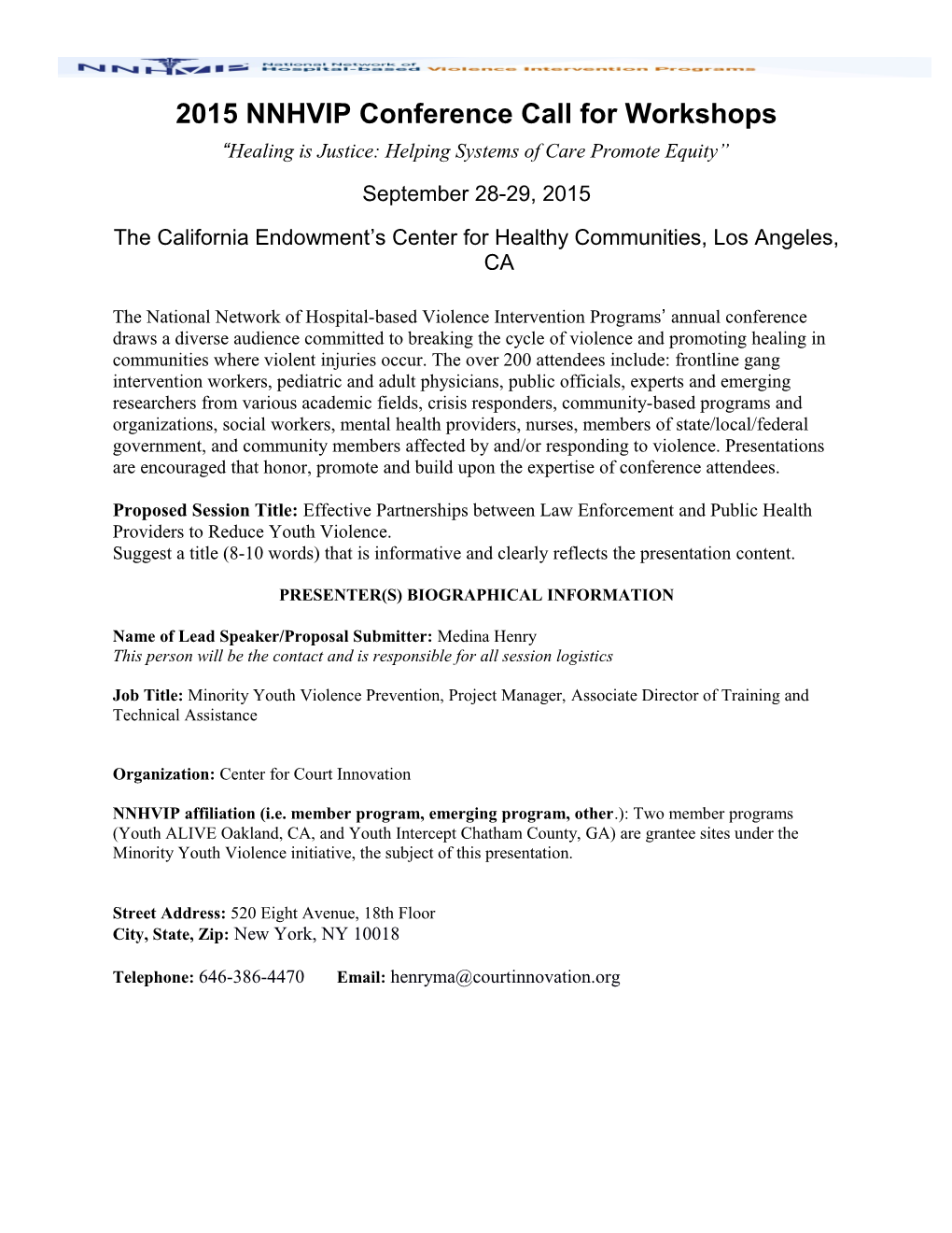 NNHVIP 2015 Conference Call for Workshops Page 4 of 4