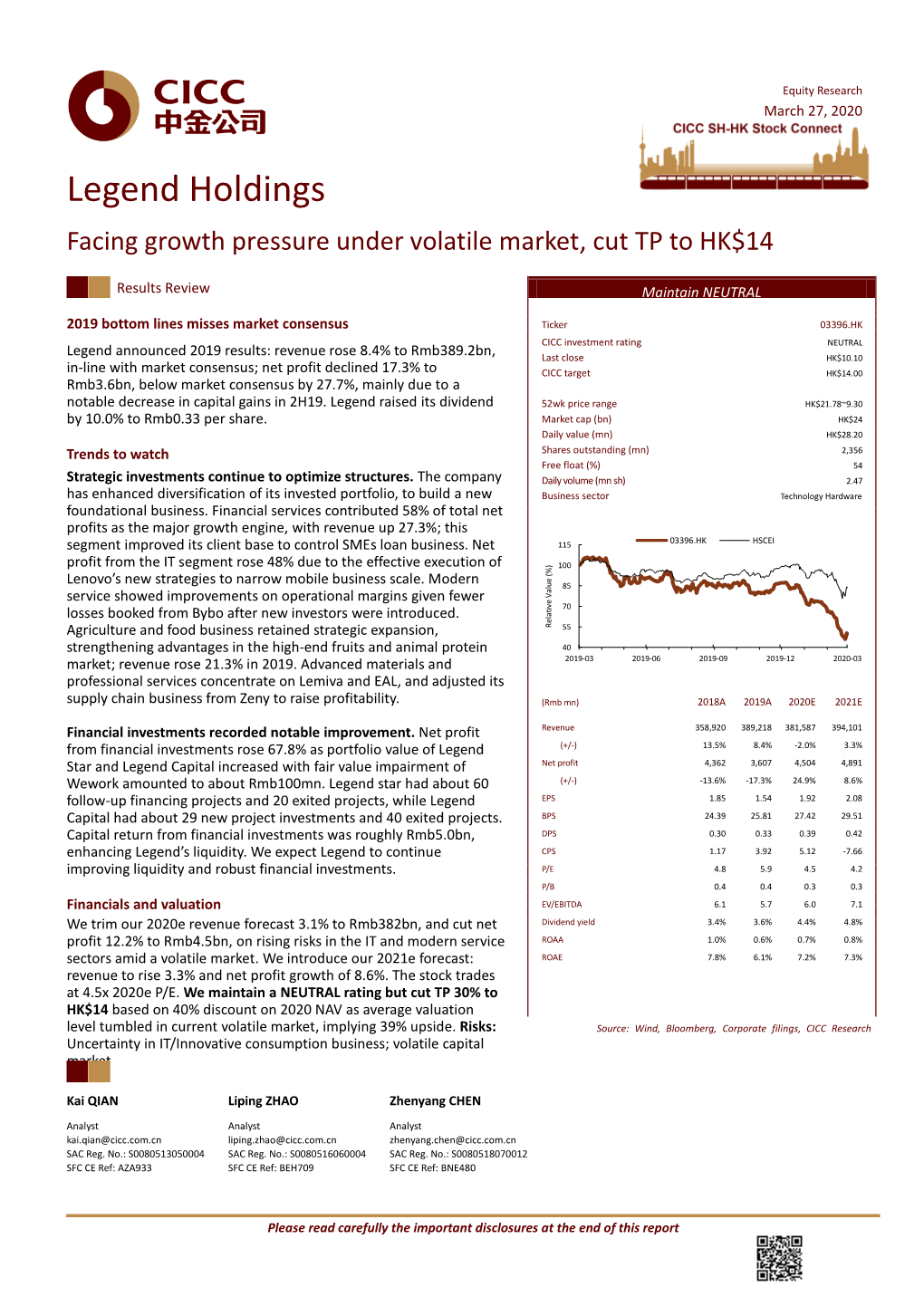 Legend Holdings Facing Growth Pressure Under Volatile Market, Cut TP to HK$14